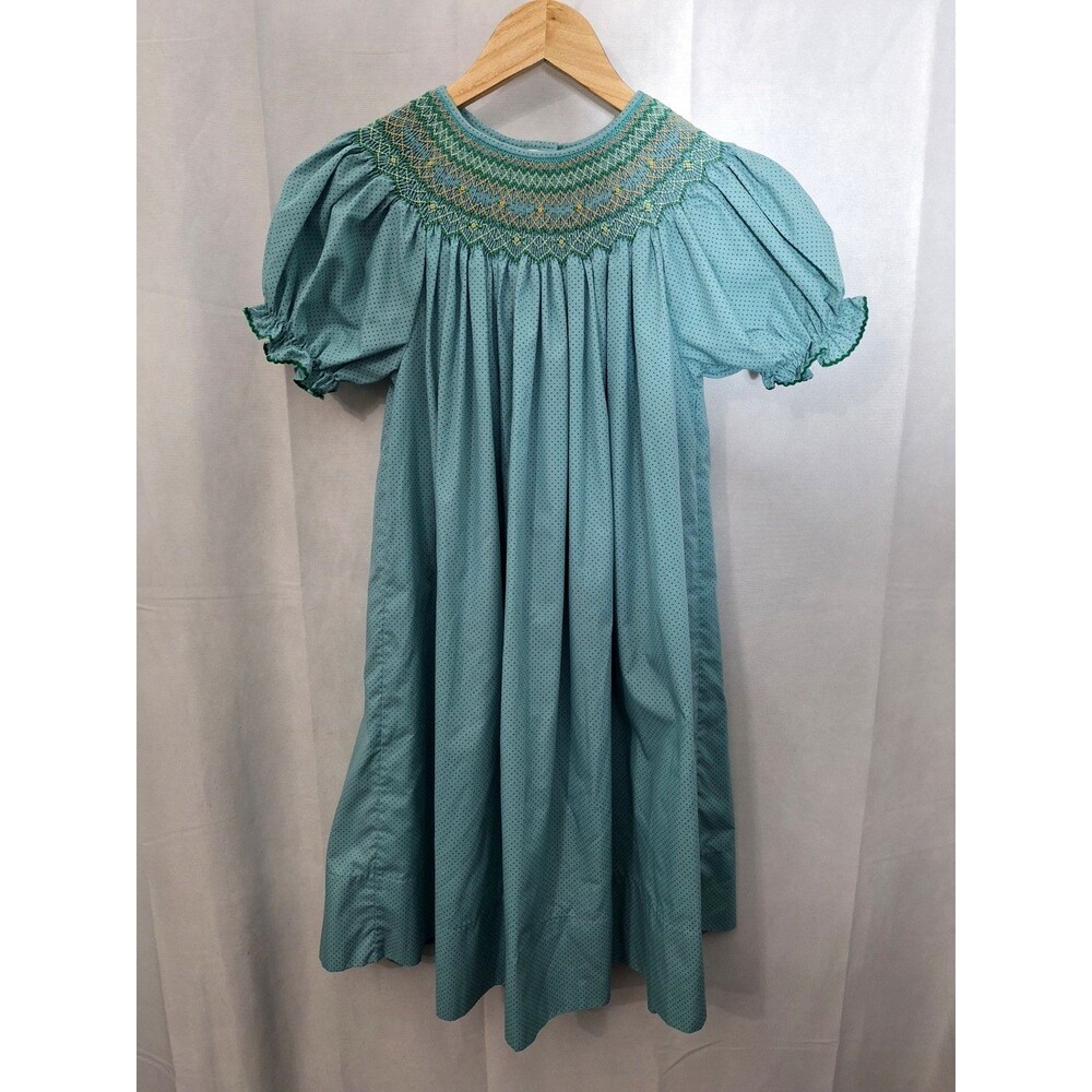 Vintage Rosalina Collection Blue Polka Dot Smocked Short Sleeve Bishop Dress 8Y